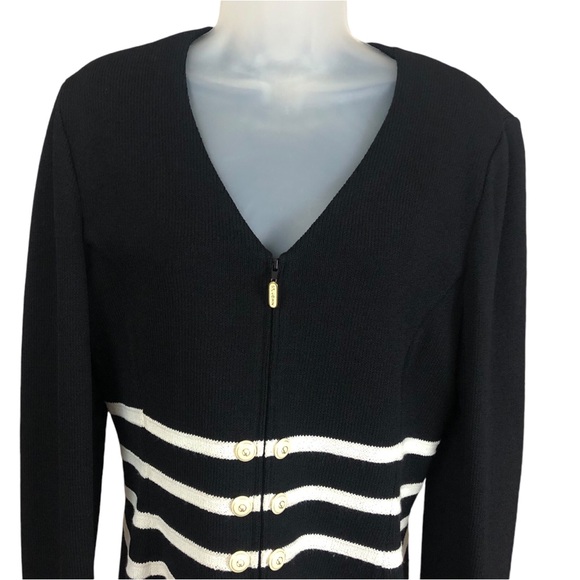 Women's St. John Collection By Marie Gray Black/White Striped Wool+ Sweater. 8 - Picture 5 of 16